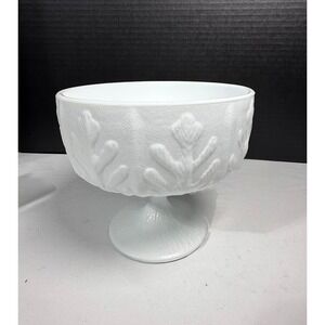 Vintage FTD White Milk Glass Pedestal Bowl Compote Oak Leaf Embossed White Decor